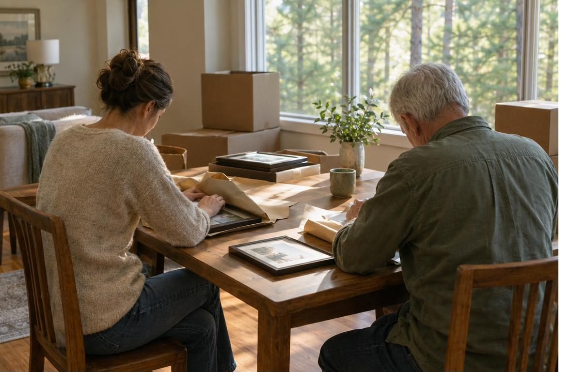 A father and daughter wrapping framed photographs during a move