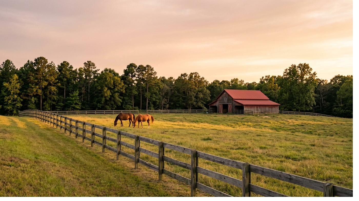 A fence line at dusk with two horses grazing and a red-roofed barn