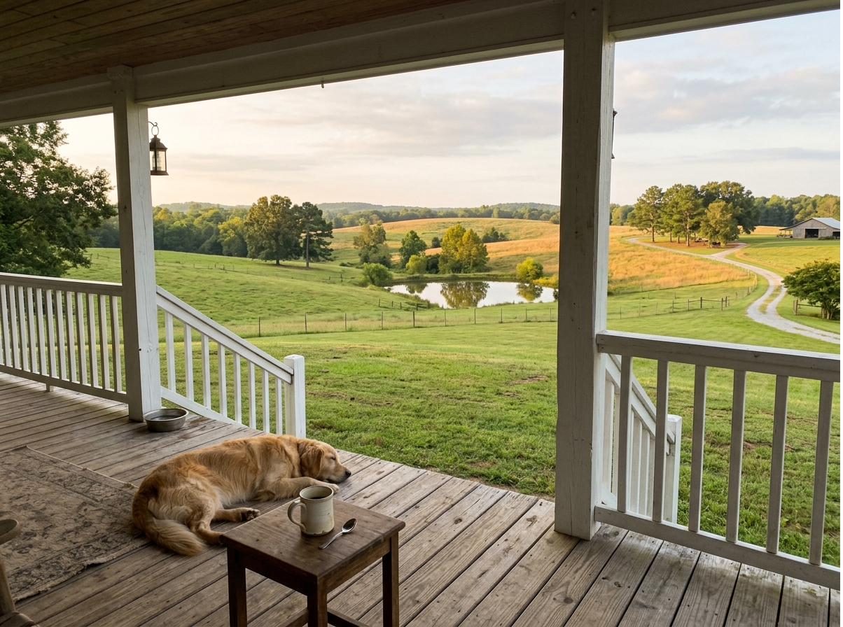 The view from a farmhouse porch over pasture and a pond