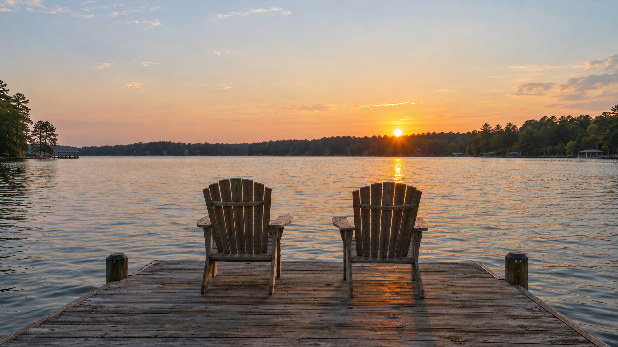 Two chairs at the end of a dock at sunset on Lake Murray