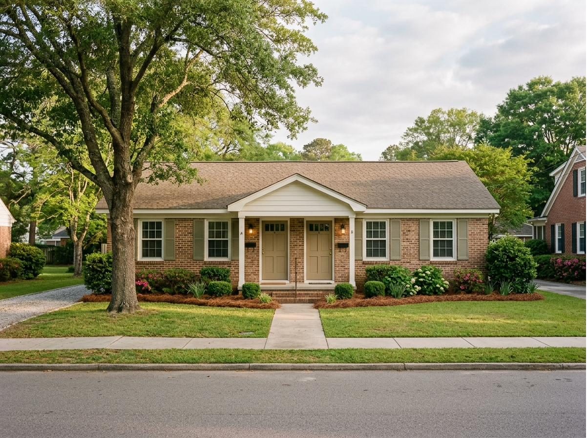 A well-kept brick duplex on a quiet suburban street
