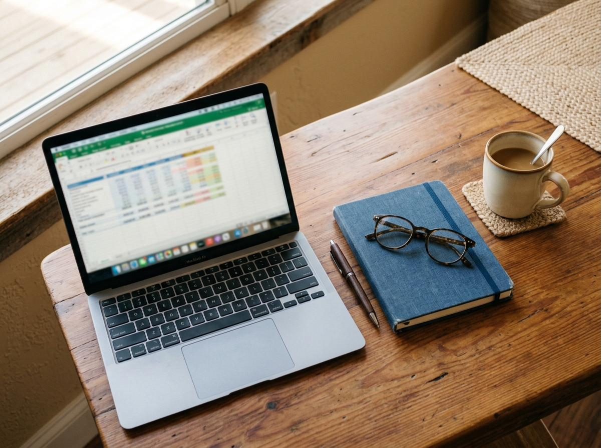A desk seen from above with a laptop, notebook and reading glasses