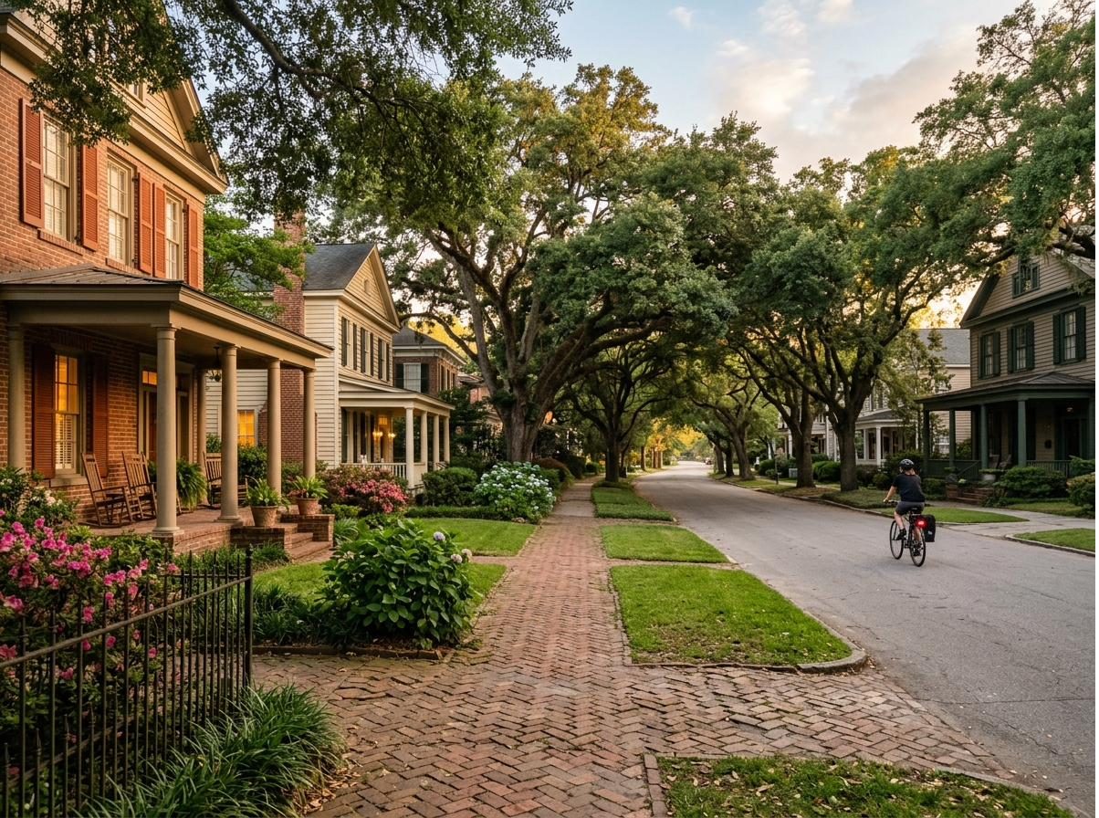 A tree-lined residential street with deep porches