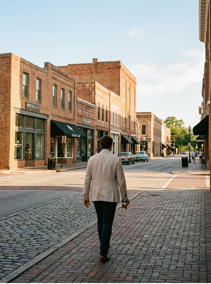 A professional walking to work along a downtown street