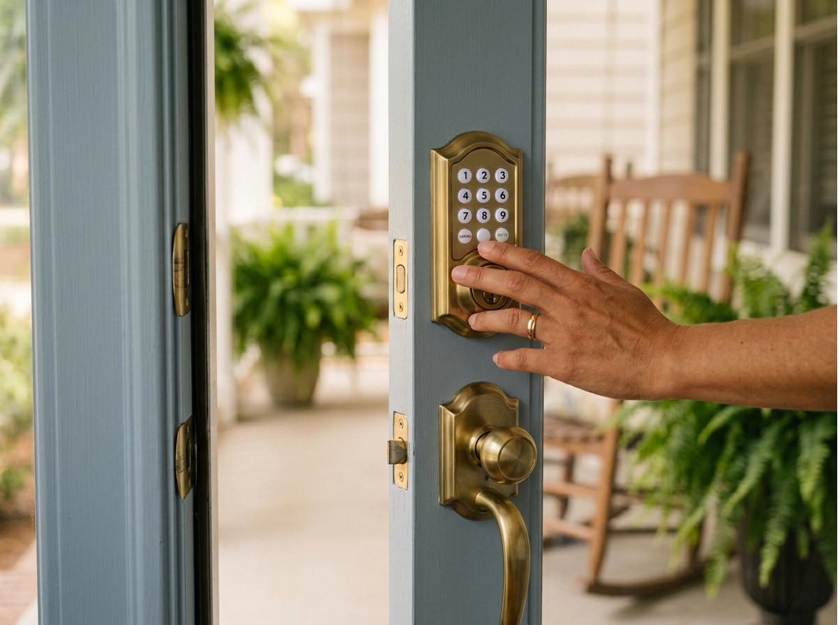 A hand resting on a keypad deadbolt on a painted front door