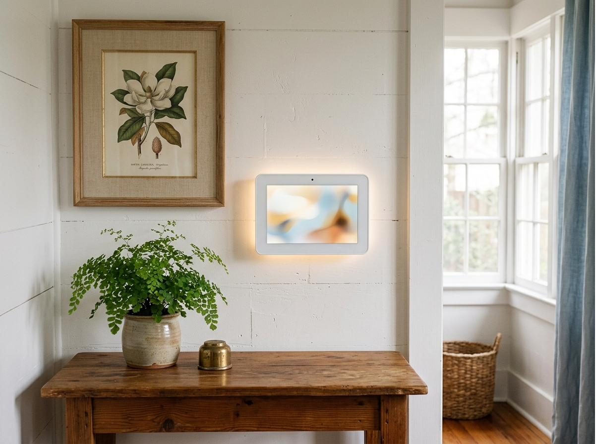 A wall-mounted home control panel in a warm traditional interior