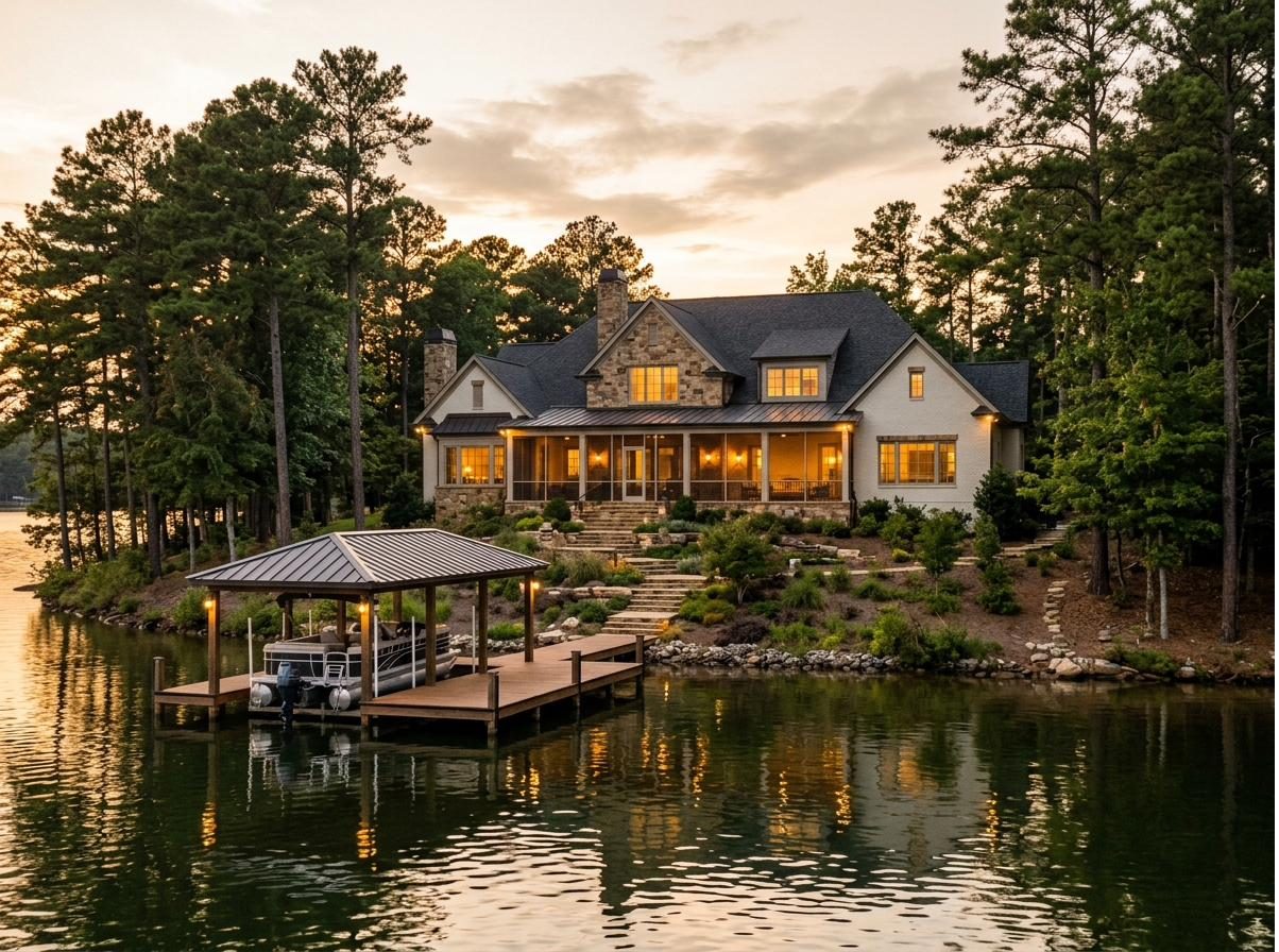 A large lake home seen from the water at golden hour