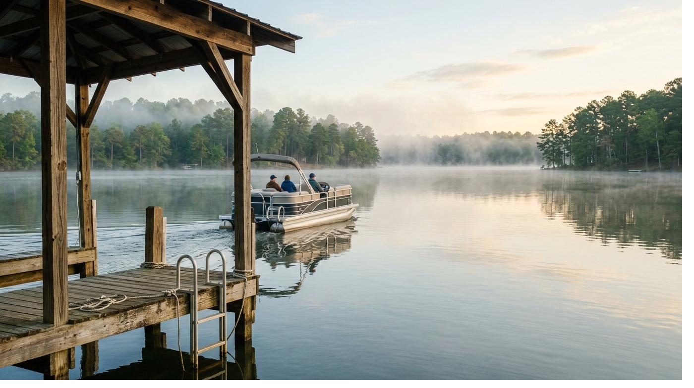 A pontoon boat leaving a covered dock on a misty morning